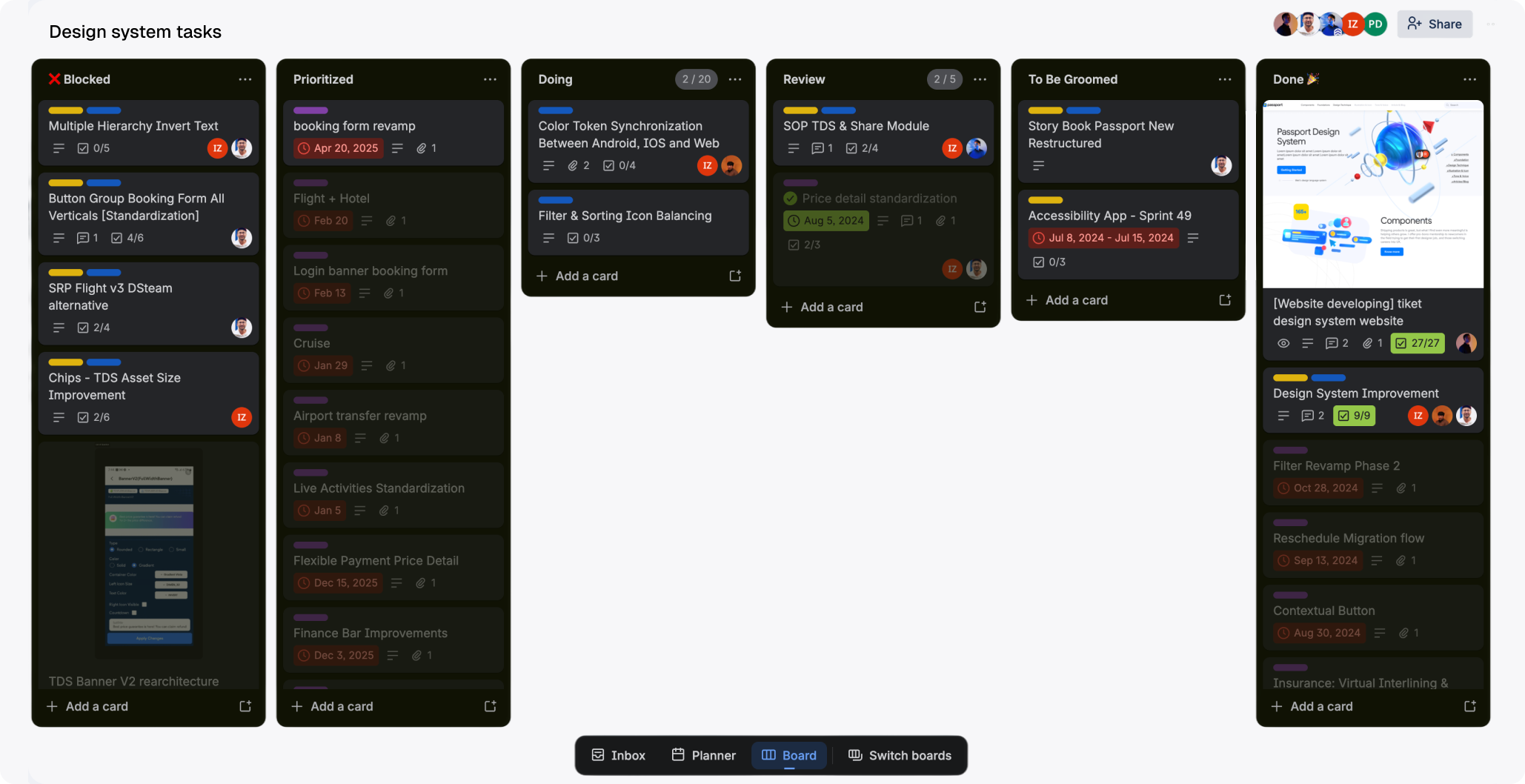 Design system task Kanban board with Blocked, Prioritized, Doing, Review, To Be Groomed and Done columns